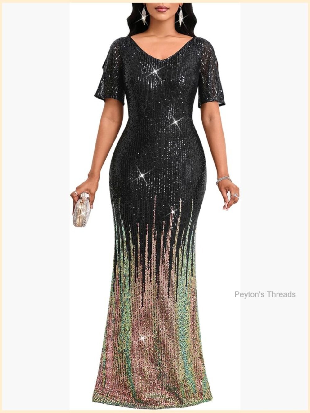 Sequin Bodycon Maxi Dress V-Neck Short Sleeve Formal Evening Gown